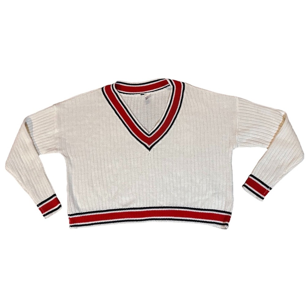 H&M V-Neck Varsity Sweater Medium White Red Black‎ Striped Trim Ribbed Cropped